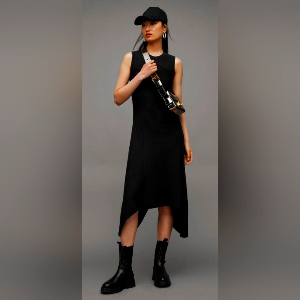AllSaints Gia Asymmetrical Ribbed Midi Dress Size US 4 UK 8 New NWT